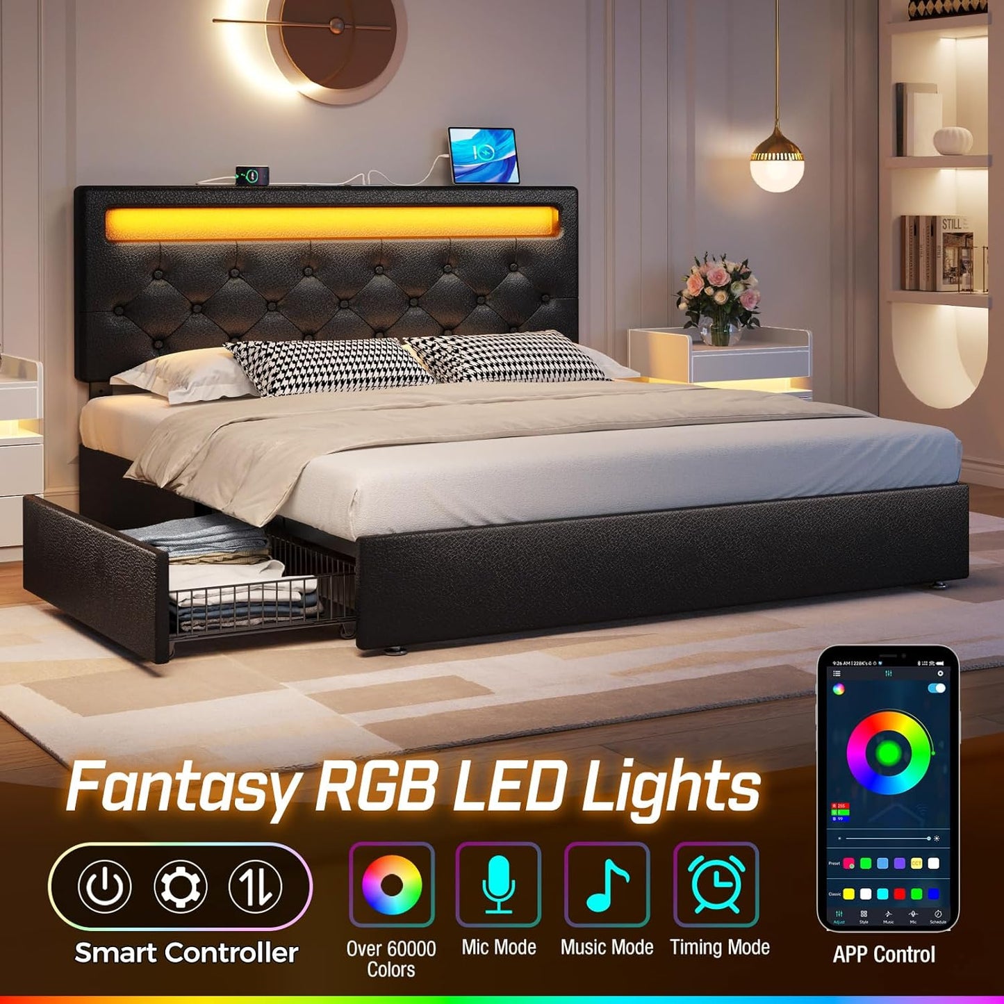 Rolanstar Full Size Bed Frame with 4 Storage Drawers and Charging Station, Full Bed with Led Lights, 2 USB & 1 Type C, Adjustable Headboard 38.9/40.8 Inches, No Box Spring Needed, Black