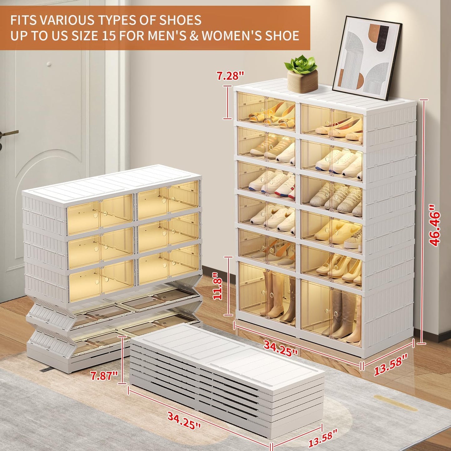 6 Tier Foldable Shoe Rack Organizer for Closet 12-24Pairs Plastic Collapsible Shoe Shelf for front door entrance Stackable Clear Folding Shoes Storage Boxes XLarge Shoe Cabinet