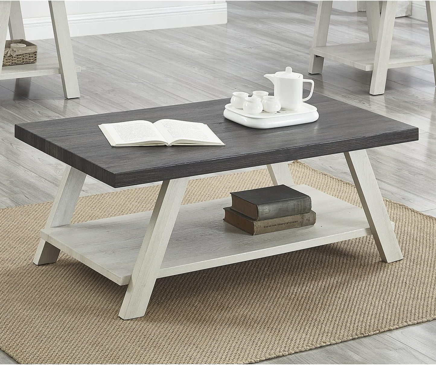 Roundhill Furniture Athens Contemporary Wood Shelf Coffee Table, Weathered Charcoal and Beige