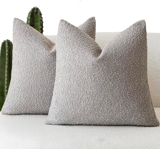 Foindtower Set of 2, Decorative Textured Boucle Throw Pillow Covers Accent Solid Pillow Cases Soft Cozy Couch Cushion Case for Chair Sofa Bedroom Living Room Home Decor 24 x 24 Inch Neutral Grey