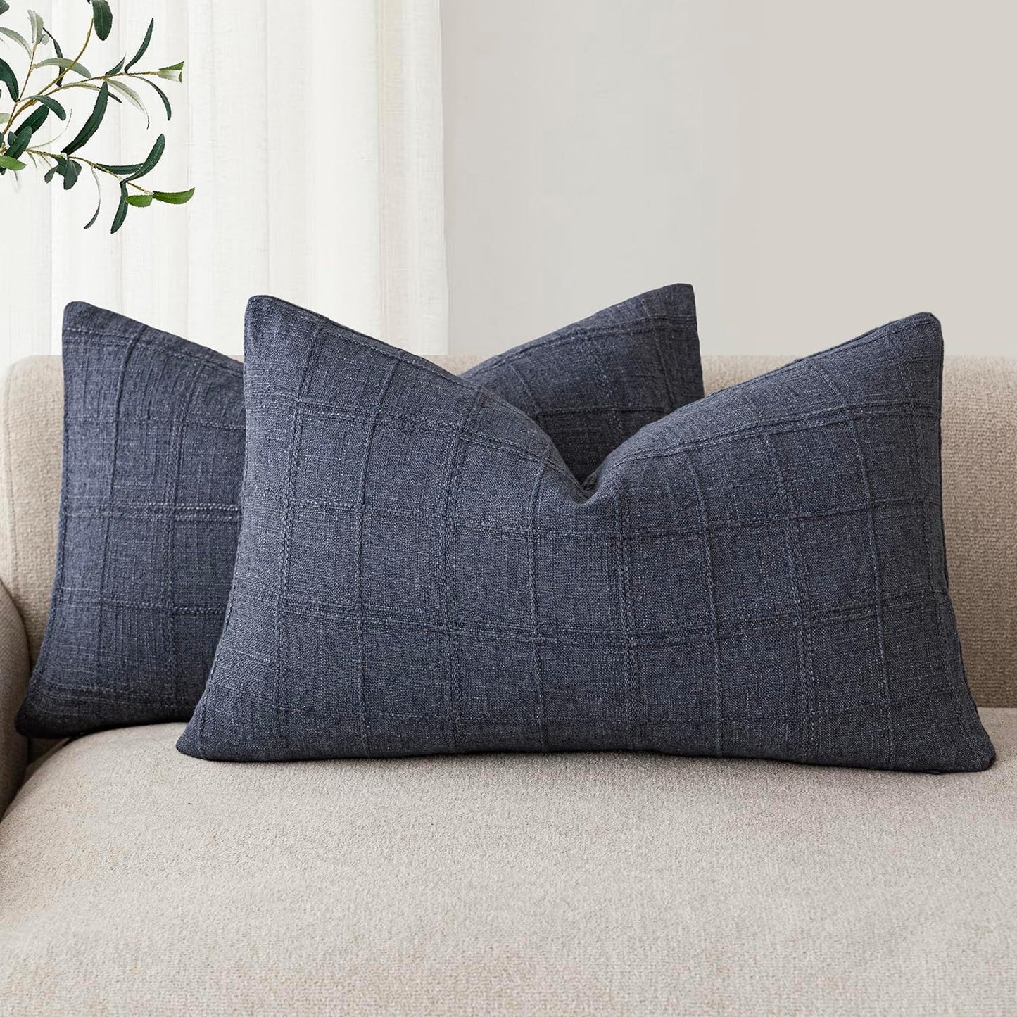 Foindtower Set of 2 Decorative Linen Check Throw Pillow Covers Neutral Farmhouse Lumbar Cushion Covers Modern Boho Home Decor for Sofa Chair Couch Bedroom Living Room Outdoor,12×20 Inch,Navy Blue