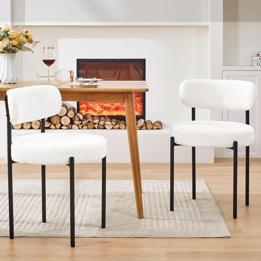 Dining Chairs Set of 2, White Boucle Dining Chair, Curved Backrest Upholstered Dining Room Chairs with Black Metal Legs, Mid Century Modern Dining Chairs for Kitchen, Living Room, White
