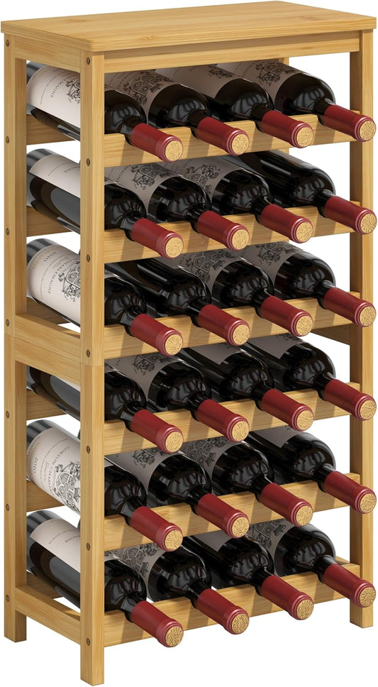 6 Tier Wine Rack Freestanding Floor, 24 Bottles Wine Storage Shelves with Table Top, Stackable Wine Display Rack for Kitchen, Bar, Dining Room, Natural Bamboo Finish
