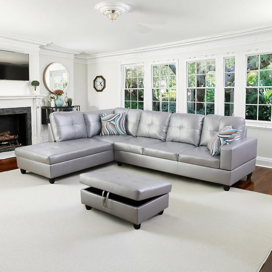 NicBex Sectional Couch 3 Pieces Sofa Set with Right Chaise Synthetic Leather L Shaped Cloud Couch for Living Room Furniture Sets with Storage Ottoman, Modular Sofa for Living Room & Apartment, Silver