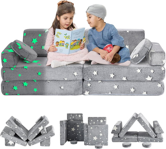 10Pcs Kids Play Couch,Toddler Sofa,Modular Kids Couch for Playing, Creativing, Sleeping (Luminous Color)