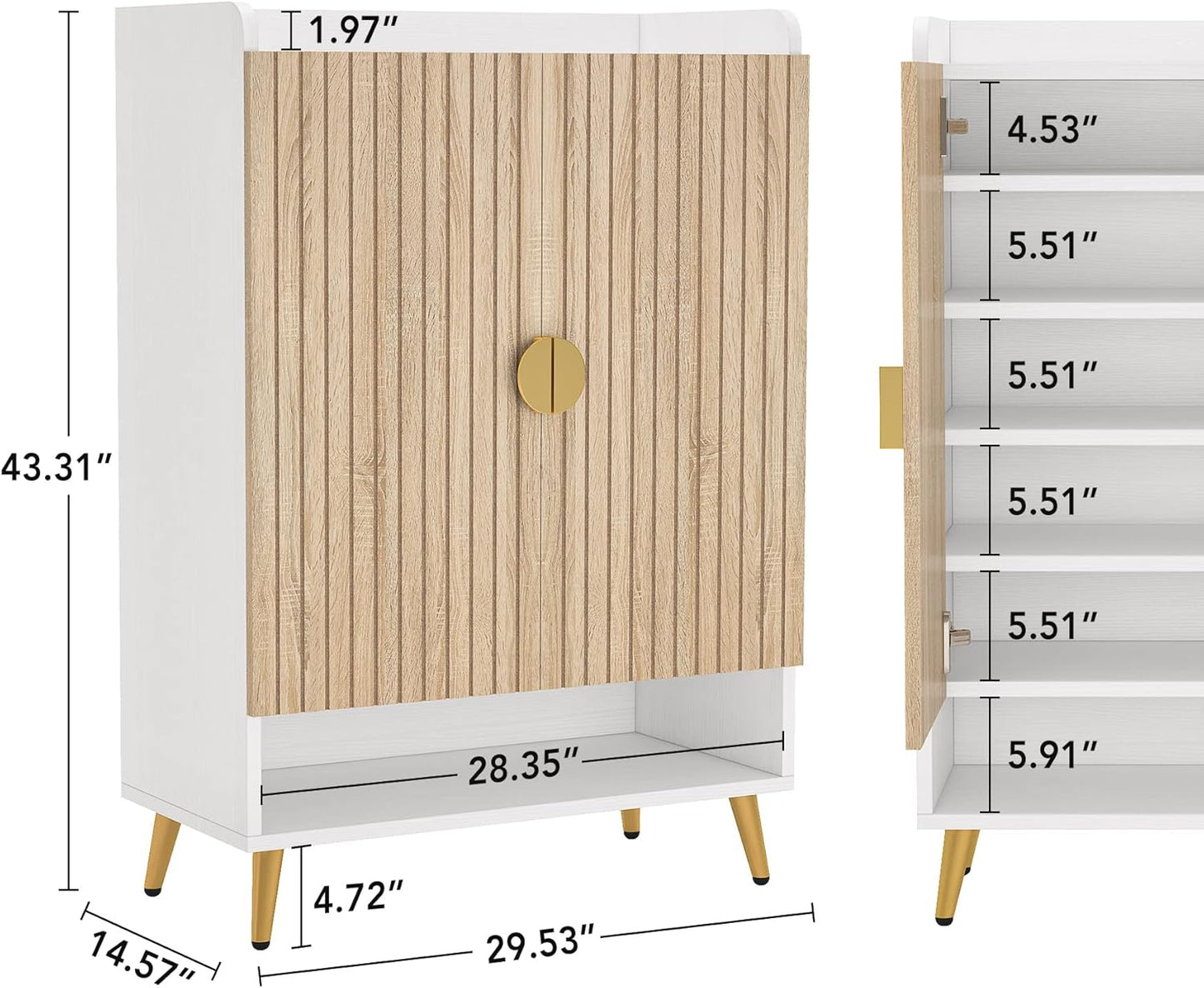 Tribesigns Shoe Cabinet with Doors, 7-Tier Shoe Storage Cabinet with Adjustable Shelves, Wooden Shoes Rack Shoe Storage Organizer for Entryway, Hallway, Closet, Living Room, Wood and Gold