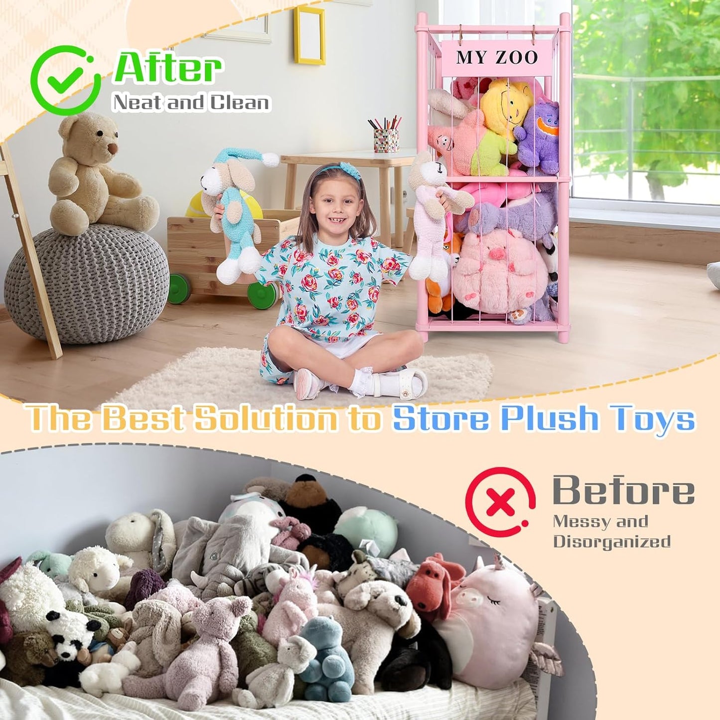 Stuffed Animal Storage Zoo, Wooden Stuffed Animal Organizer with Elastic Cords for Boys Girls, Space Saving Toy Plushies Storage Holder for Playroom, Bedroom, Living Room (Pink, Small)