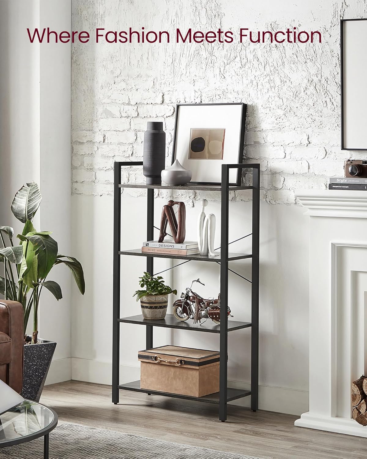 VASAGLE 4-Tier Bookshelf, Bookcase with Steel Frame, Book Shelf for Living Room, Home Office, Study, 11.8 x 26 x 47 Inches, Industrial Style, Charcoal Grey and Ink Black ULLS060B04