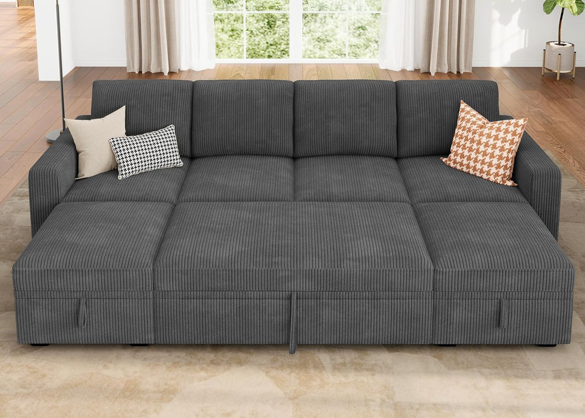 HONBAY Modular Sectional Sleeper Sofa Bed, Corduroy Pull Out Couch with Storage Ottoman, U Shaped Sectional Couches for Living Room, Dark Grey