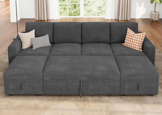 HONBAY Modular Sectional Sleeper Sofa Bed, Corduroy Pull Out Couch with Storage Ottoman, U Shaped Sectional Couches for Living Room, Dark Grey