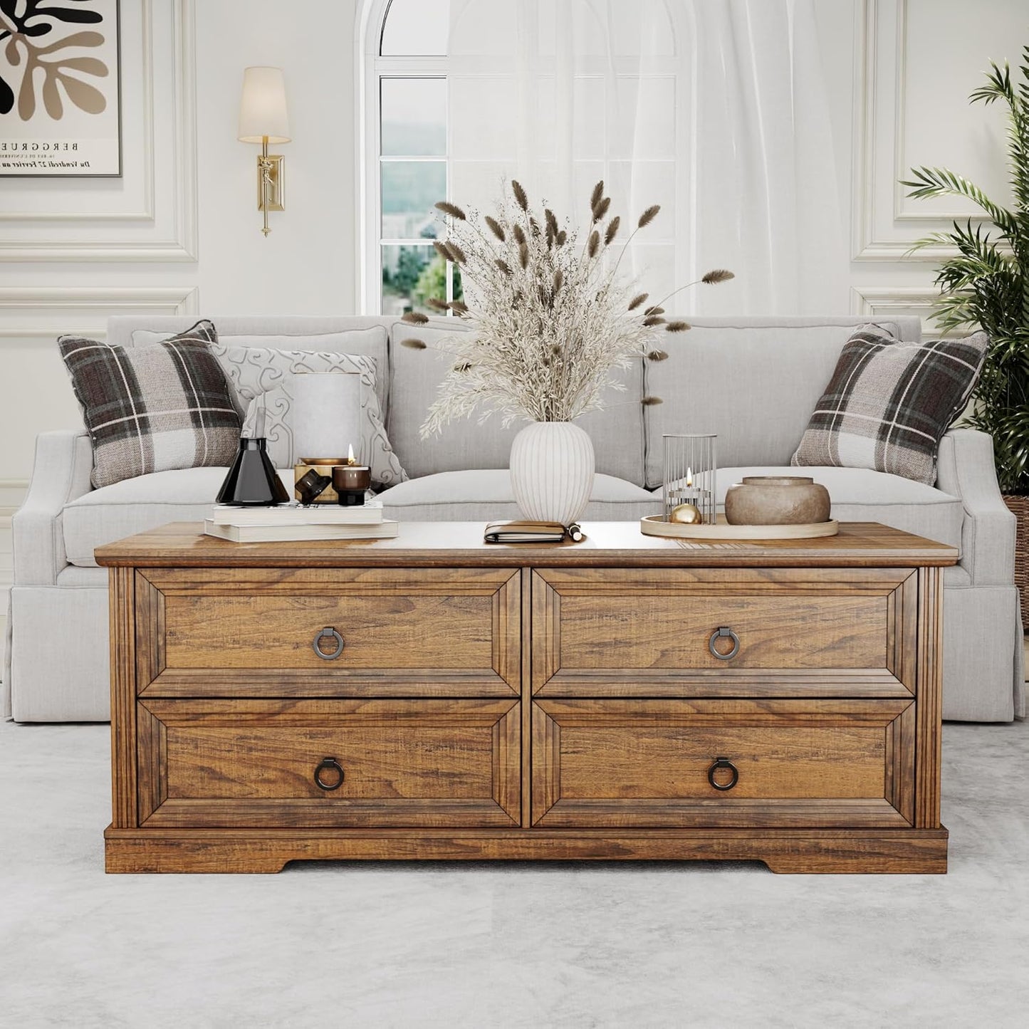 Rustic Coffee Table with Drawers 47 inch Living Room Tables with Storage, Wooden Center Table for Reading Playing Room Home Accent Table for Dining Room Apartment, Walnut