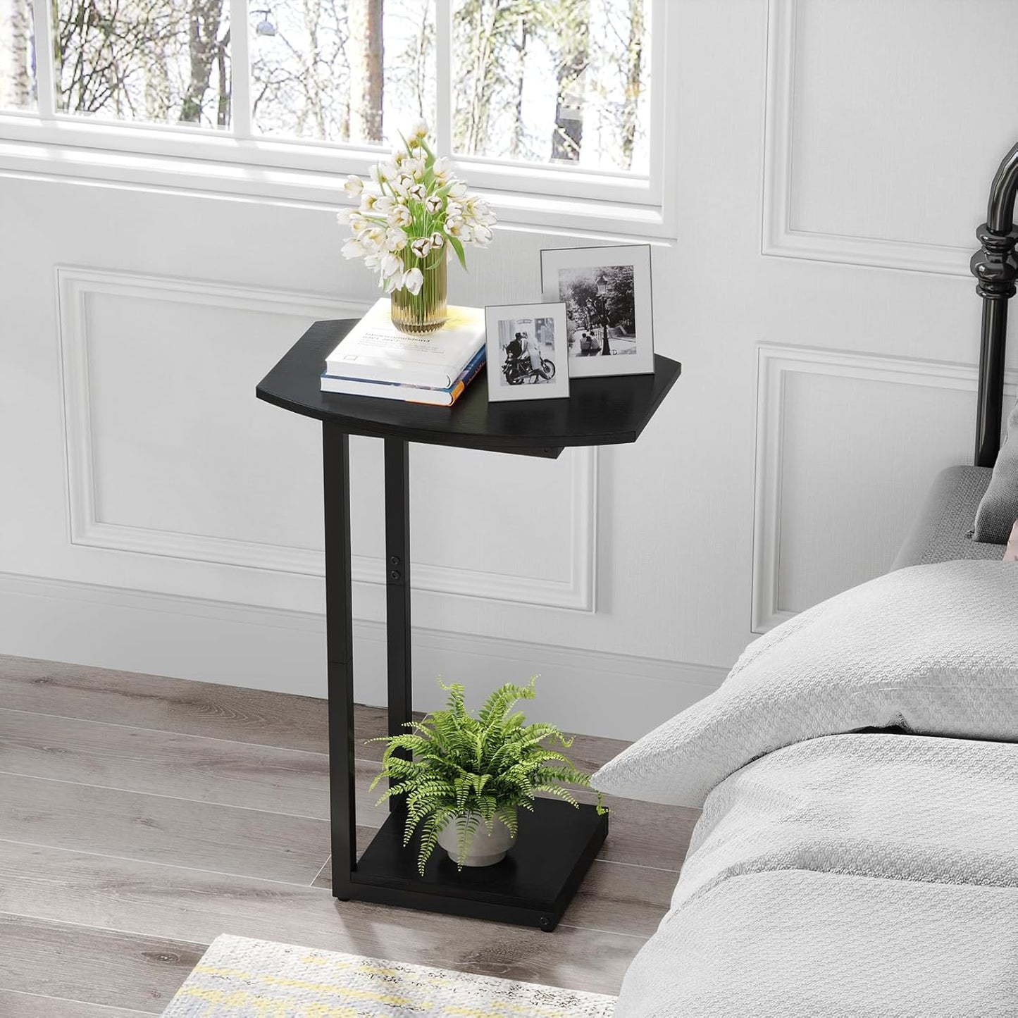 Hosfais Small Side Table End Table, C Shaped Barrel Coffee Table with Metal Frame, Wooden TV Tray for Living Room, Bedroom, Couch, Small Spaces (Black)