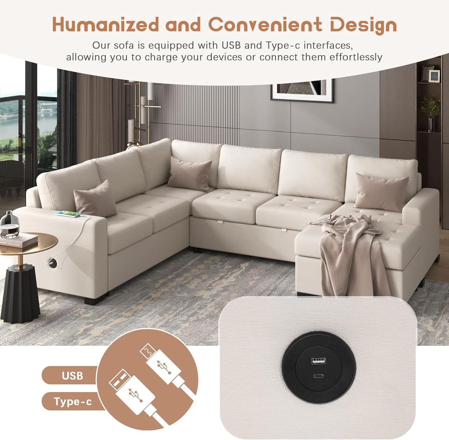108.3 Inch Modular Sectional Sleeper Sofa with Pull-Out Bed and Lounge Chair, U-Shaped Combination Corner Couch w/USB & Type-C Interfaces, for Living Room Bedroom Office, Beige