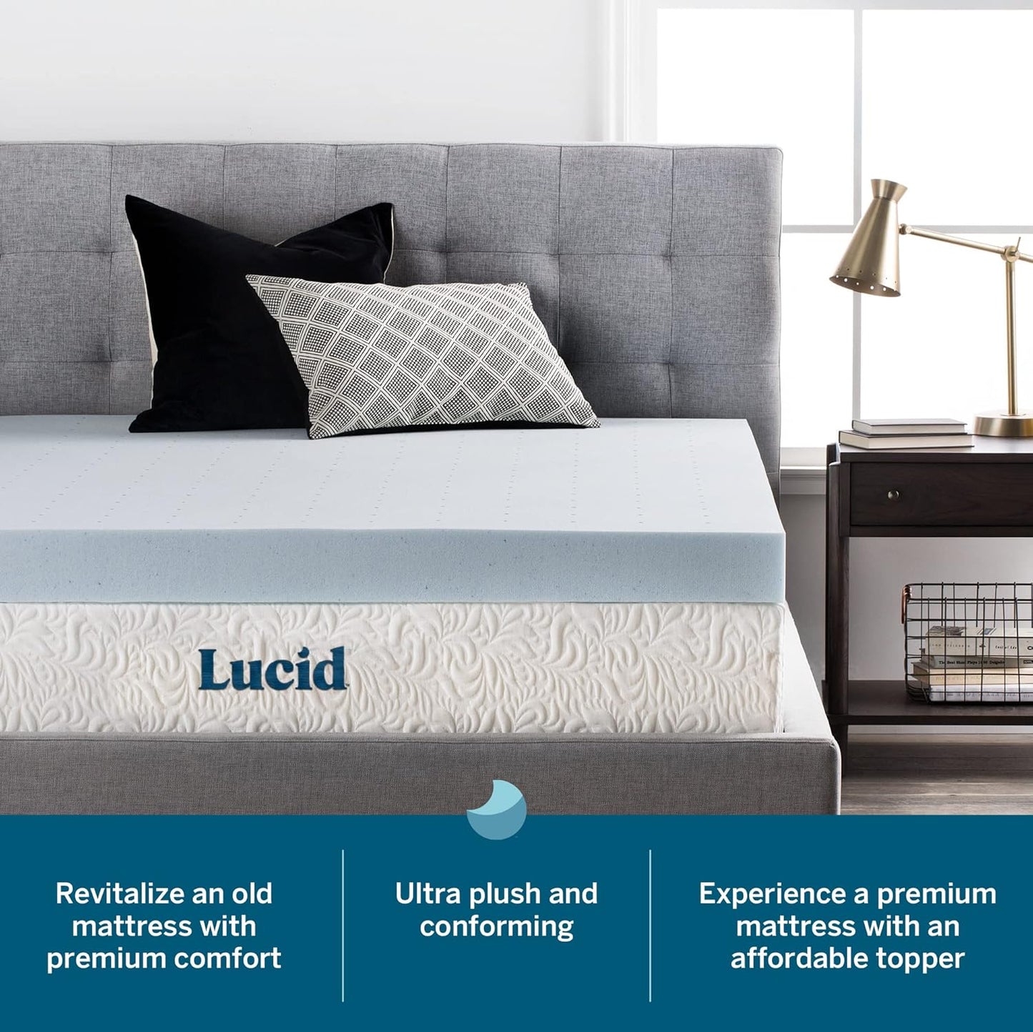 LUCID 4 Inch Gel Memory Foam Mattress Topper-Ventilated Design-Ultra Plush-Queen