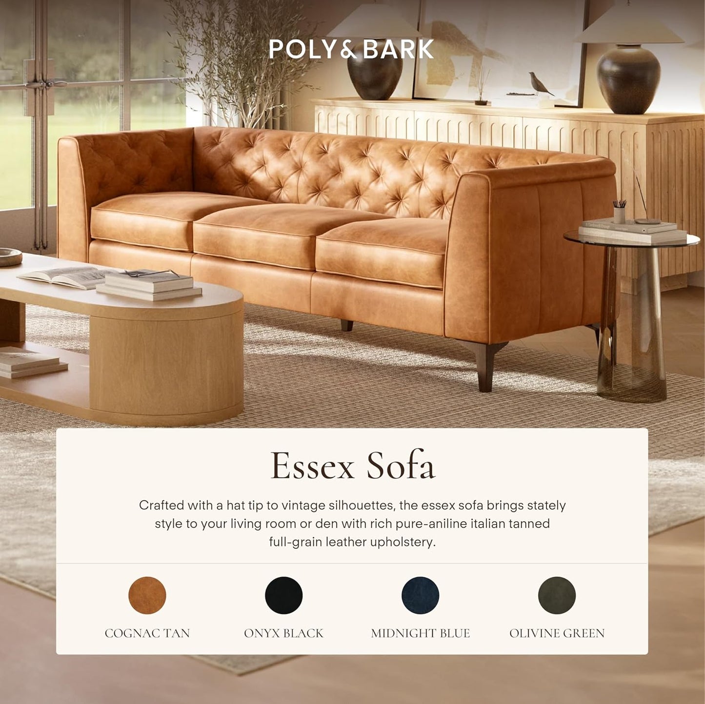 Poly & Bark Essex Leather Couch - 89-Inch Sofa with Tufted Back - Full-Grain Leather Sofa for Living Room with Feather-Down Topper - Living Room Couch - Vintage Italian Leather in Cognac Tan