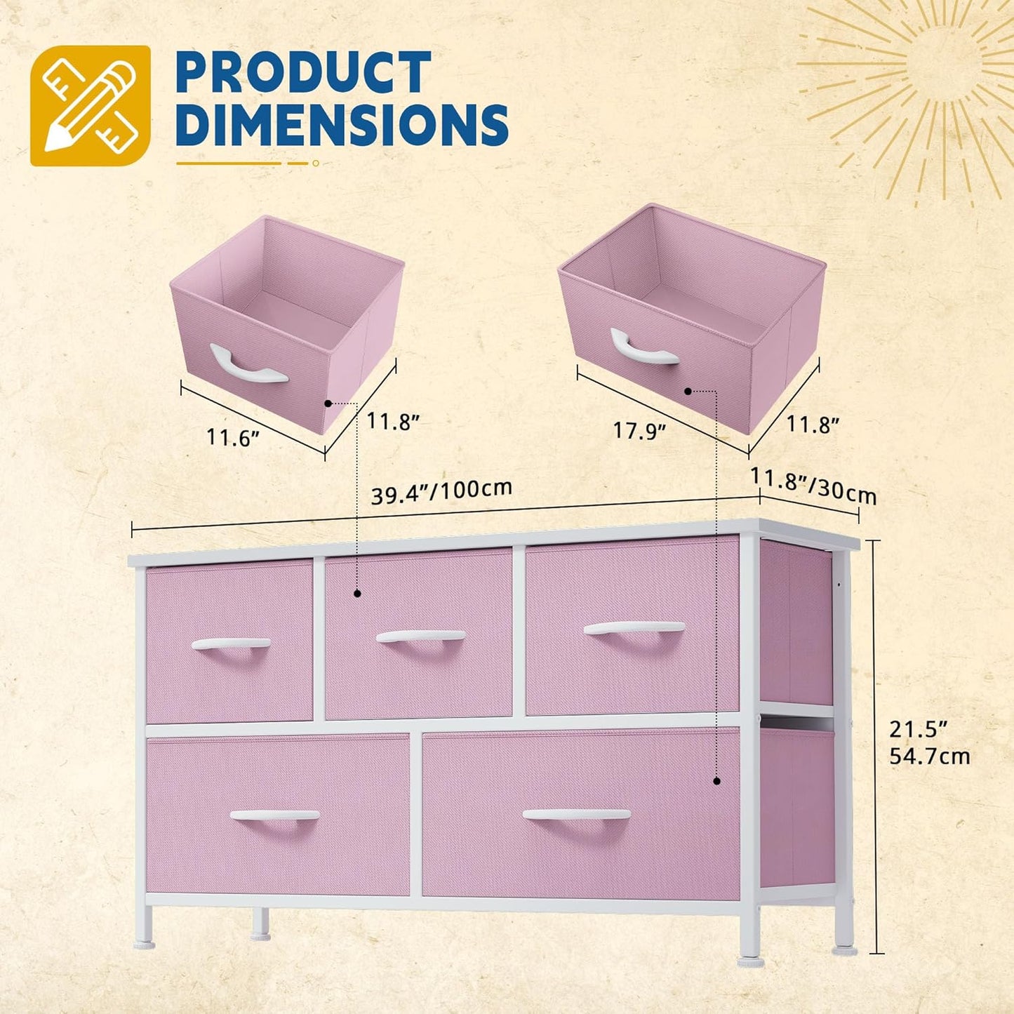 DWVO Dresser for Room with 5 Drawers - Fabric Storage Tower, Long Fabric Dresser, Organizer Unit for Closet, Hallway