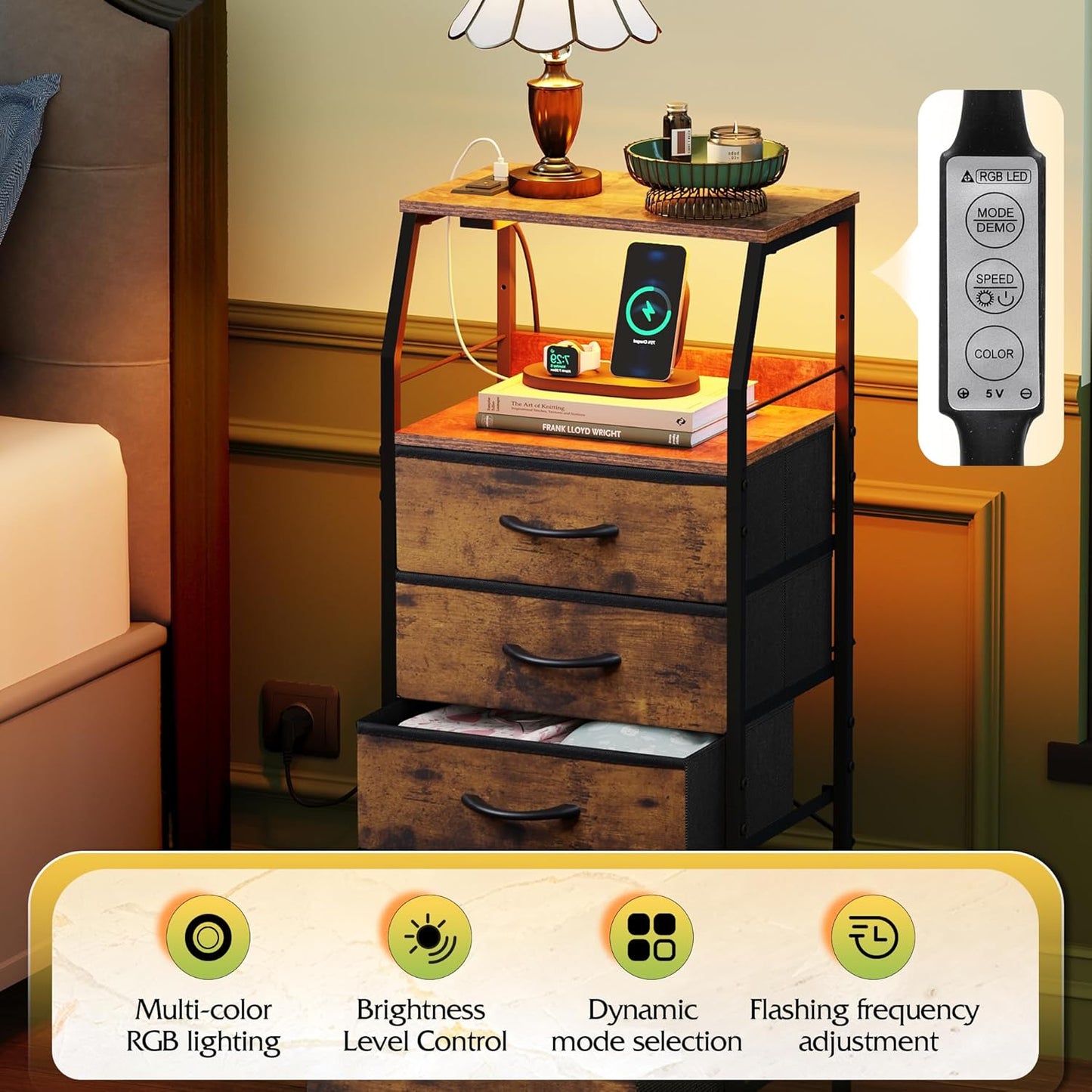 WLIVE 4 Drawer Dresser for Bedroom, 37" H Nightstand with Charging Station and Led Light, Tall Night Stand Bed Side Table, End Table with USB Ports and Outlets, Fabric Bins, Wood Shelf, Rustic Brown