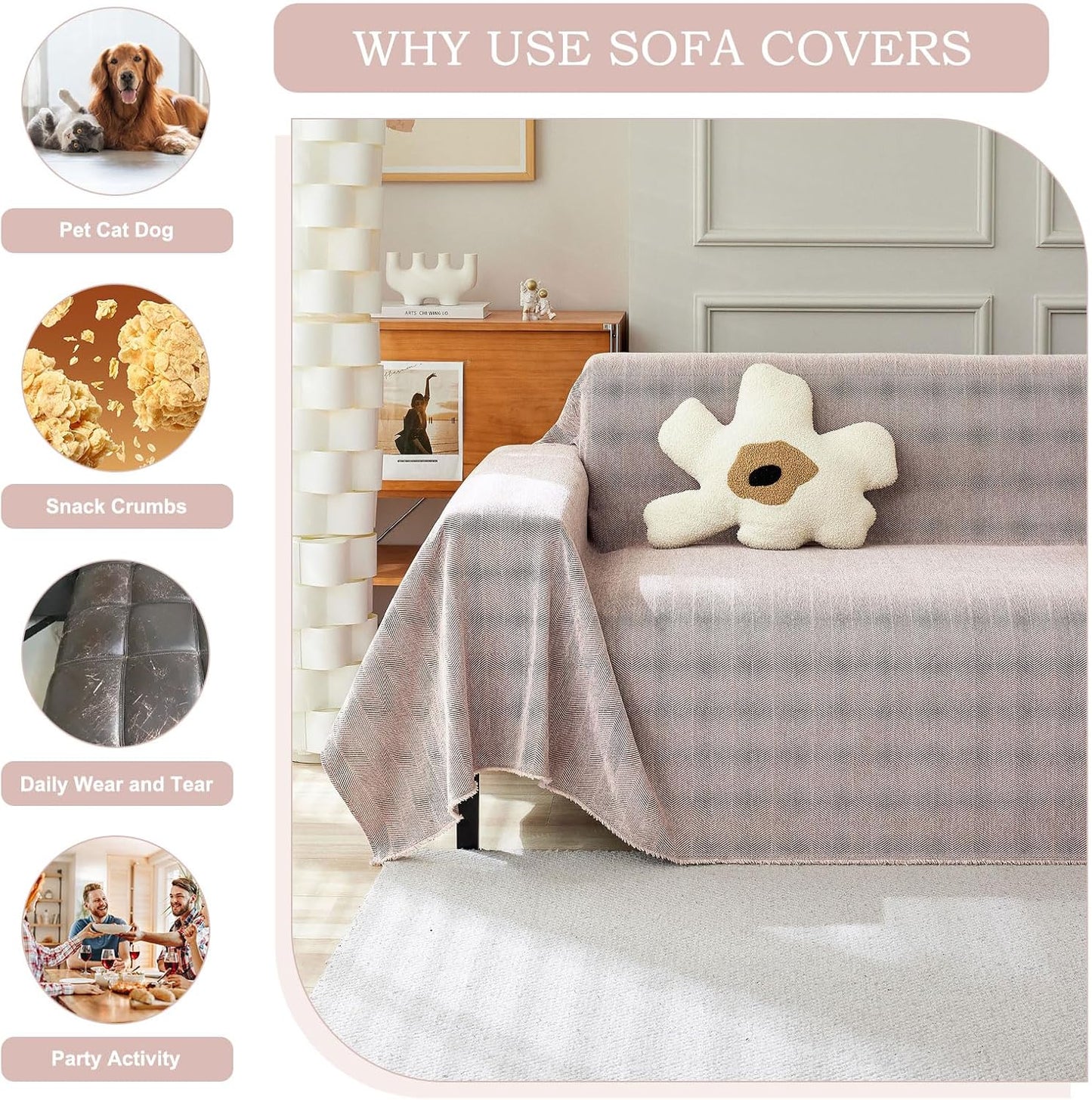 STACYPIK Stylish Cozy Pink Sofa Cover for Dogs Kids Geometric Couch Cover Herringbone Couch Slipcover for Sectional Couch Covers L Shape for 3 Cushion Couch Pet Furniture Throw Cover Washable-71X150IN