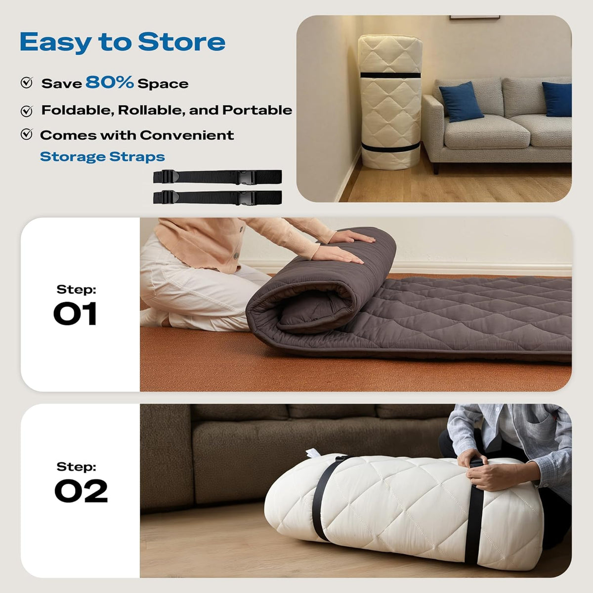 Japanese Floor Futon Mattress, Roll Up Tatami Mat, Sleeping Pad, Shikibuton, CertiPUR-US Certified Foam Floor Bed Mattress for Sleeping, Dormitory, Guest Bed, Designed in Japan(Grey, Twin)