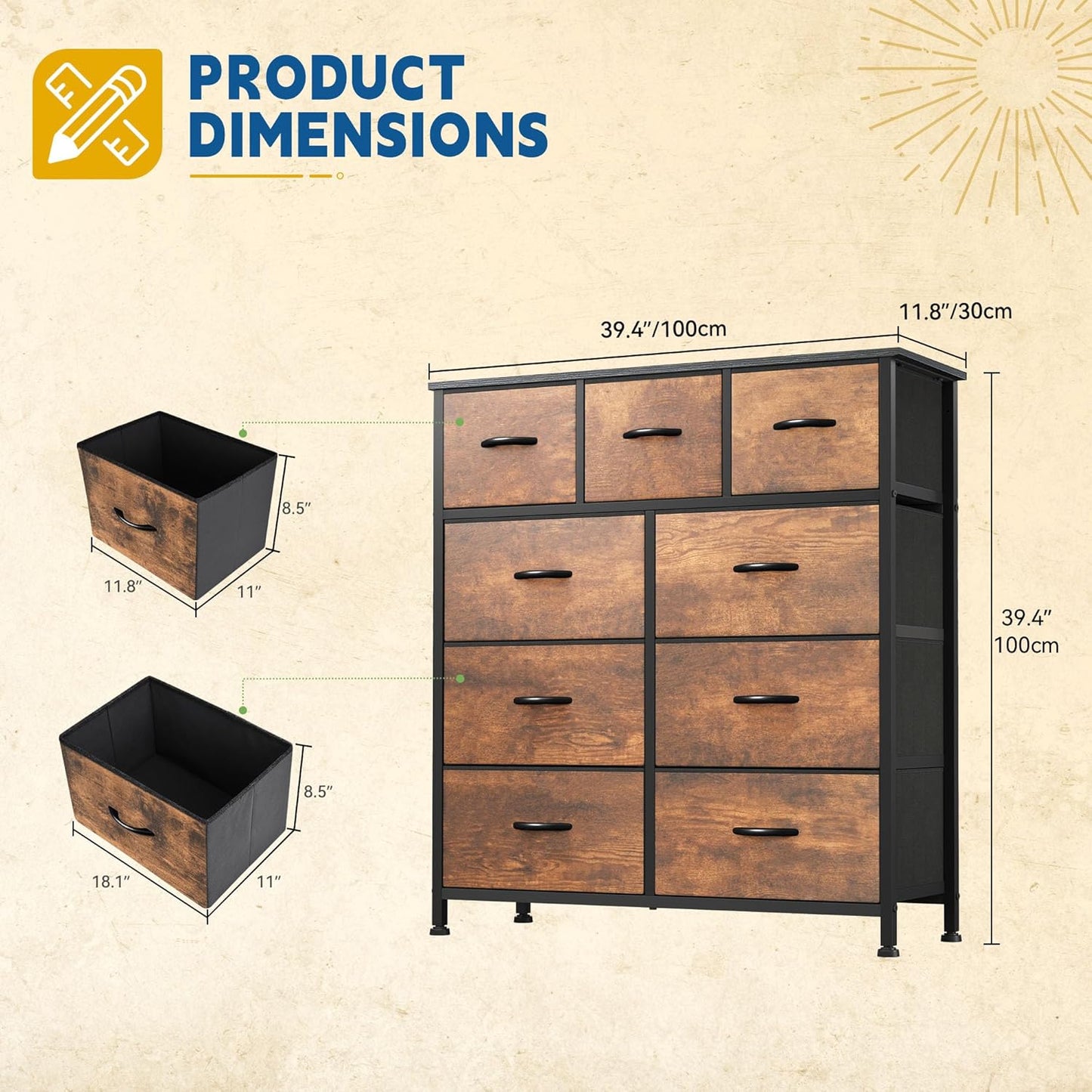DWVO Dresser with 9 Drawers - Fabric Storage Tower, Organizer Unit for Living Room, Hallway - Sturdy Steel Frame, Wooden Top & Easy Pull Fabric Bins