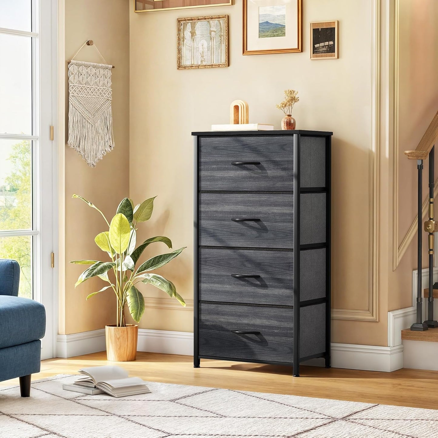 DWVO 4 Drawers Dresser, Dresser for Bedroom, Fabric Storage Tower, Chest of Drawers, Organizer Unit for Closets, Living Room, Sturdy Steel Frame, Wooden Top, Easy Pull Fabric Bins