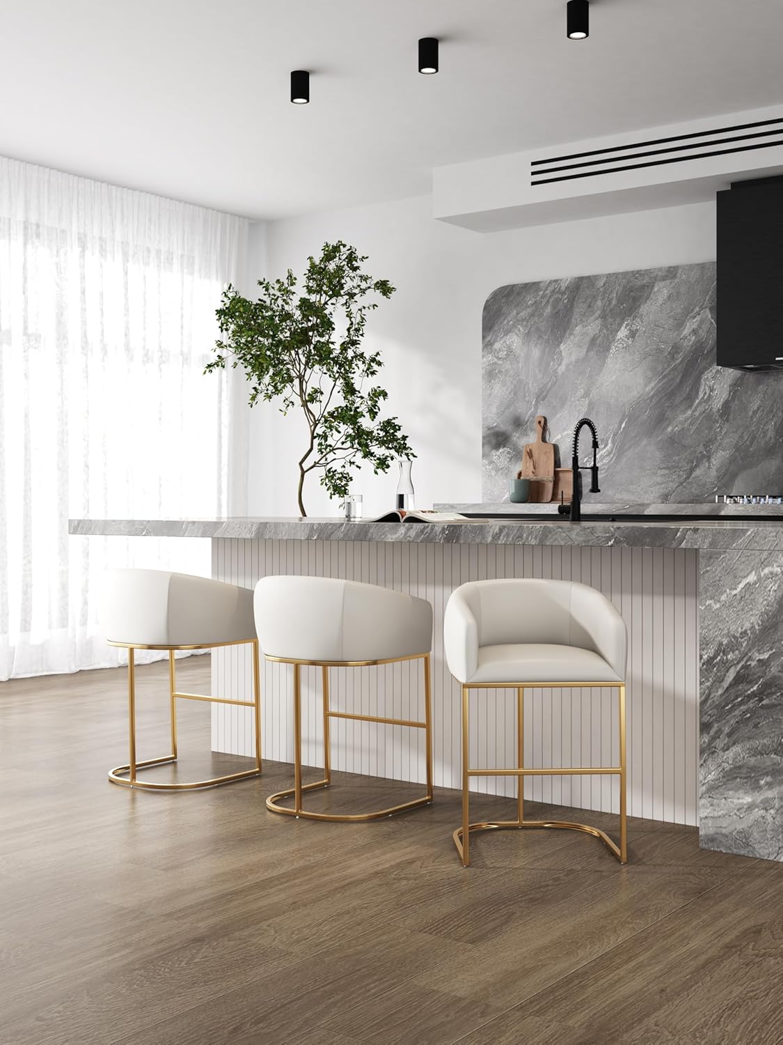 Manhattan Comfort Louvre 26 Inch Mid Century Modern Counter Height Bar Stools - Elegant Faux Leather Padded Seat, Stainless Steel Base with Footrest, Fully Assembled Barstools, Set of 3, Cream