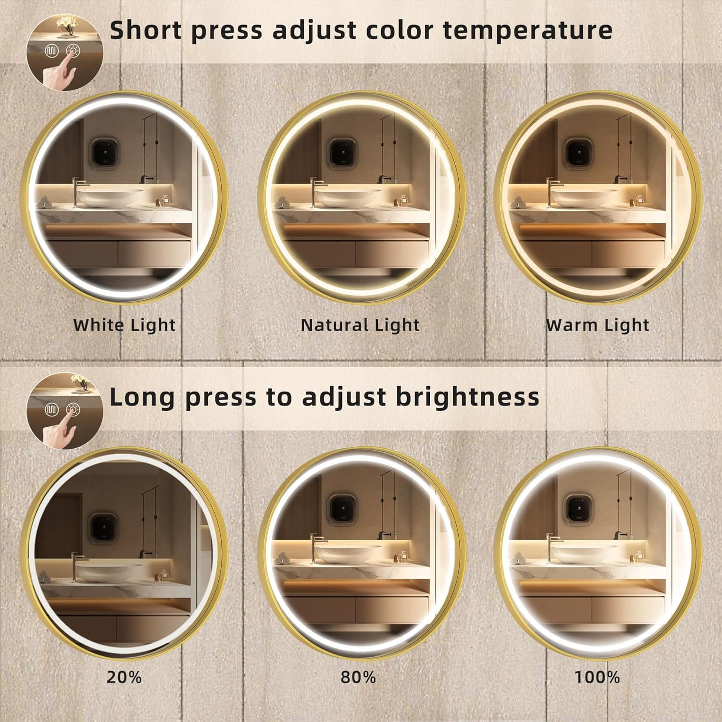 Hasipu 24 Round LED Mirror for Bathroom with Lights, Gold Circle Vanity Mirror for Wall, Metal Framed Frontlit Bathroom Mirrors Anti-Fog, Dimmable, 3 Colors Makeup Mirror Wall Mounted