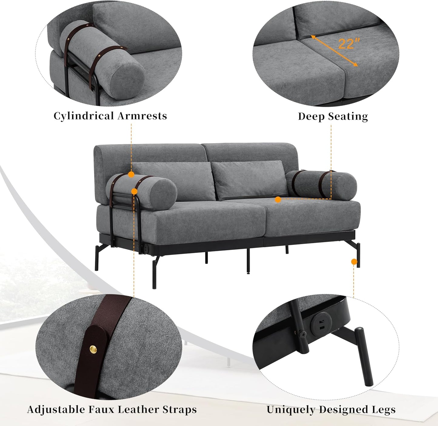 Modern Loveseat Sofa 59" Sofa Couch 2-Seater Sofa with Flexible USB Ports, Unique Cylindrical Armrests for Living Room, Grey
