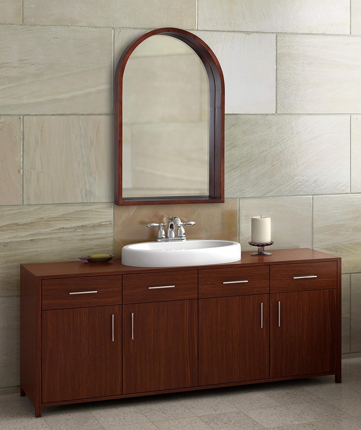 Kate and Laurel Hutton MidCentury Modern Farmhouse Arch Mirror, 24" x 36", Walnut Brown Finish