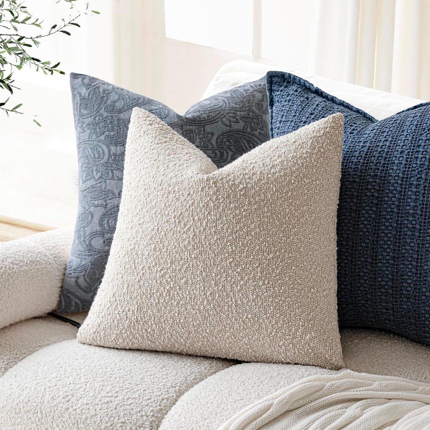 Foindtower Set of 2, Decorative Textured Boucle Throw Pillow Covers Accent Solid Pillow Cases Neutral Cozy Couch Cushion Case for Chair Sofa Bedroom Living Room Home Decor 16 x 16 Inch Ivory Beige