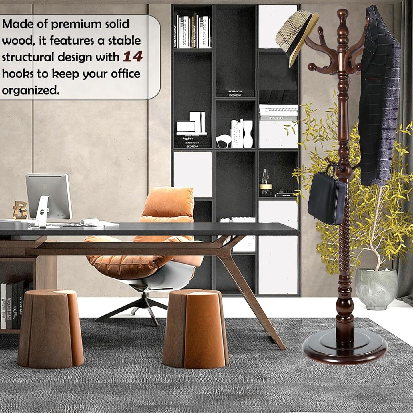 Coat Racks Free Standing with 14 Hooks, Natural Wood Coat Stands for Entryway, Adjustable Height 73 in Tree Coat Rack Stand for Hallway Home Office Bedroom (Dark Brown)