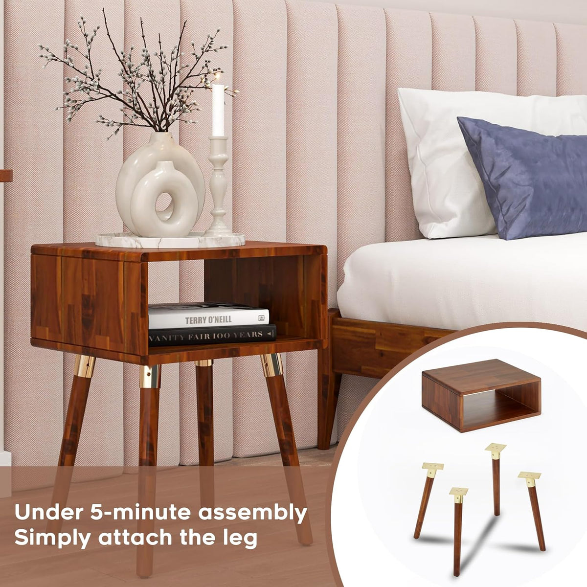Bme Dinkee Solid Wood Nightstand, Fully Assembled, Without Drawer for Mid Century Bedroom and Living Room, Dark Chocolate