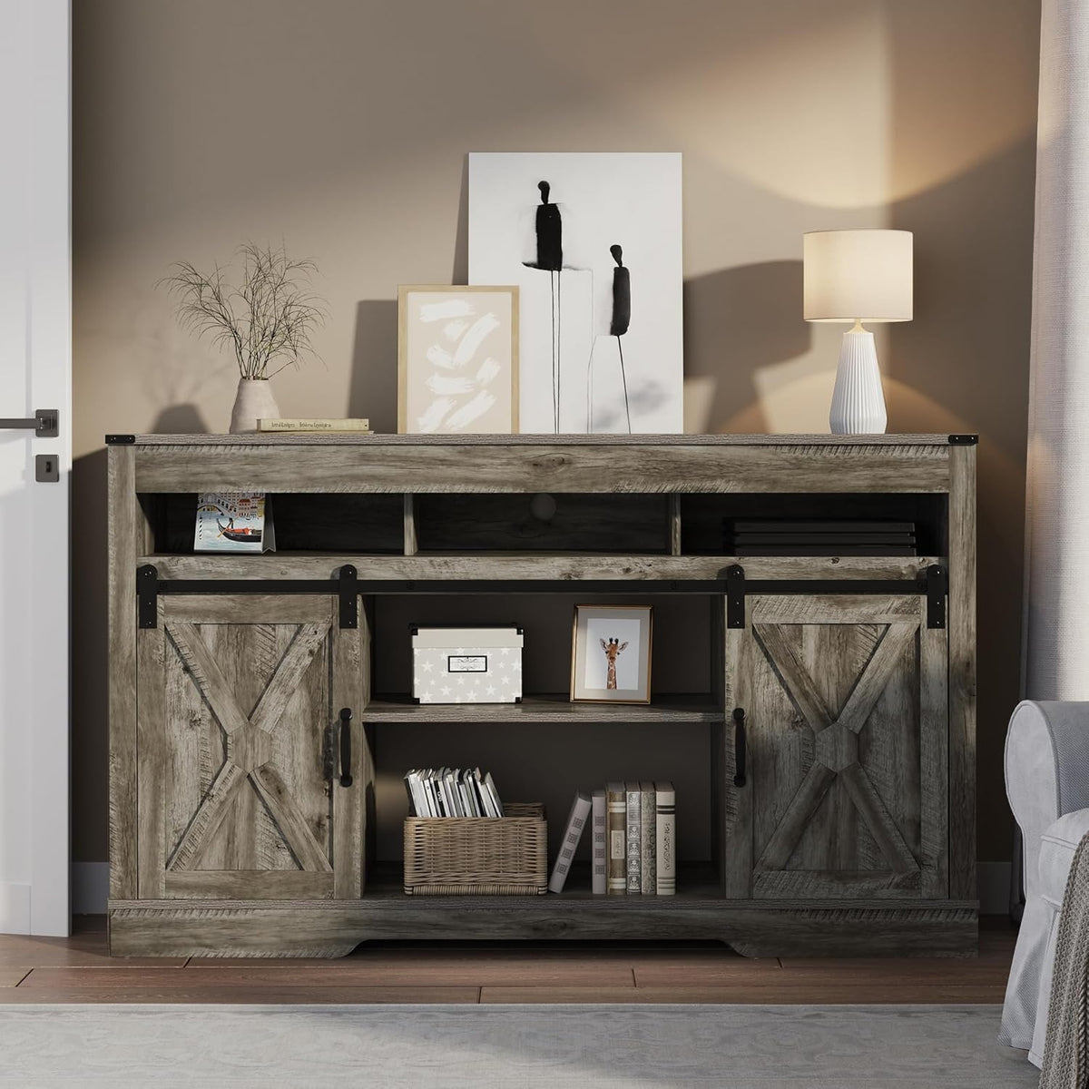 RoyalCraft Farmhouse TV Stand for 23" Electric Fireplace, 34'' Tall Entertainment Center for 65+ Inch TV, 34" Tall Rustic TV Console with Sliding Bar Door for Living Room (Light Grey)