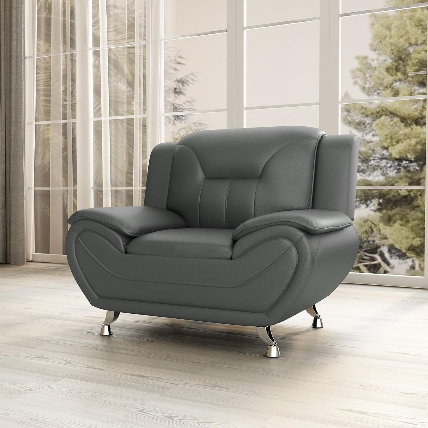Container Furniture Direct Michael Modern Faux Leather Upholstered Stainless Steel Legs Living Room Sofa, Chair, Sleek Gray