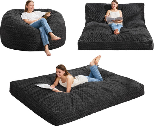 Hobestluk Bean Bag Chair Convertible Beanbag Chairs for Adults, 3 in 1 Bean Bags with Plush Chevron Cover, Adult Bean Bag Chair for Living Room, Bedroom (Black, Queen)