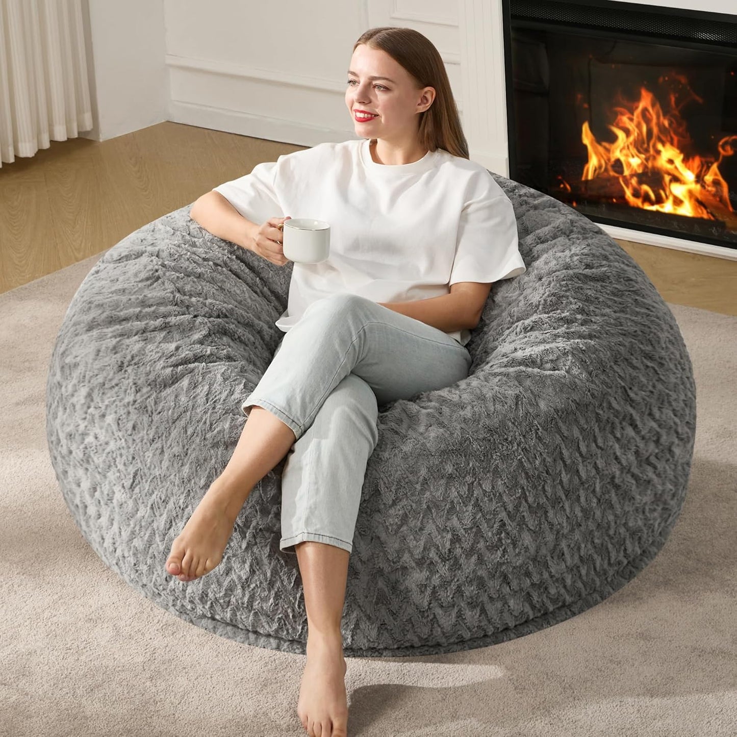 Hobestluk 4ft Bean Bag Chairs for Adults Large Beanbag Chair with Chevron Plush Fur Cover Big Bean Bag Chair for Living Room Bedroom Dorm Office - Grey (44” x 44” x 24”)