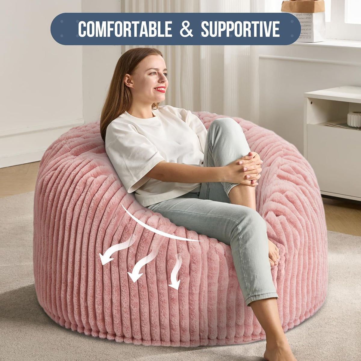 4ft Bean Bag Chairs for Adults Large Beanbag Chair with Stripe Plush Cover Big Bean Bag Chair for Living Room Bedroom Dorm Office
