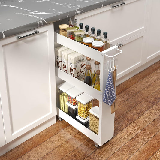 Slim Storage Cart, 5 in Width, 3-Tier White Rolling Cart with Handle for Kitchen Bathroom Laundry Narrow Places