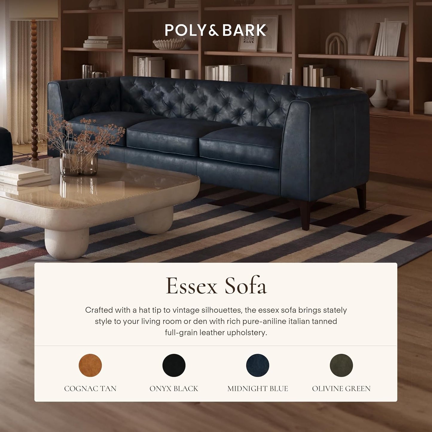 Poly & Bark Essex Leather Couch - 89-Inch Sofa with Tufted Back - Full-Grain Leather Sofa for Living Room with Feather-Down Topper - Living Room Couch - Vintage Italian Leather in Midnight Blue
