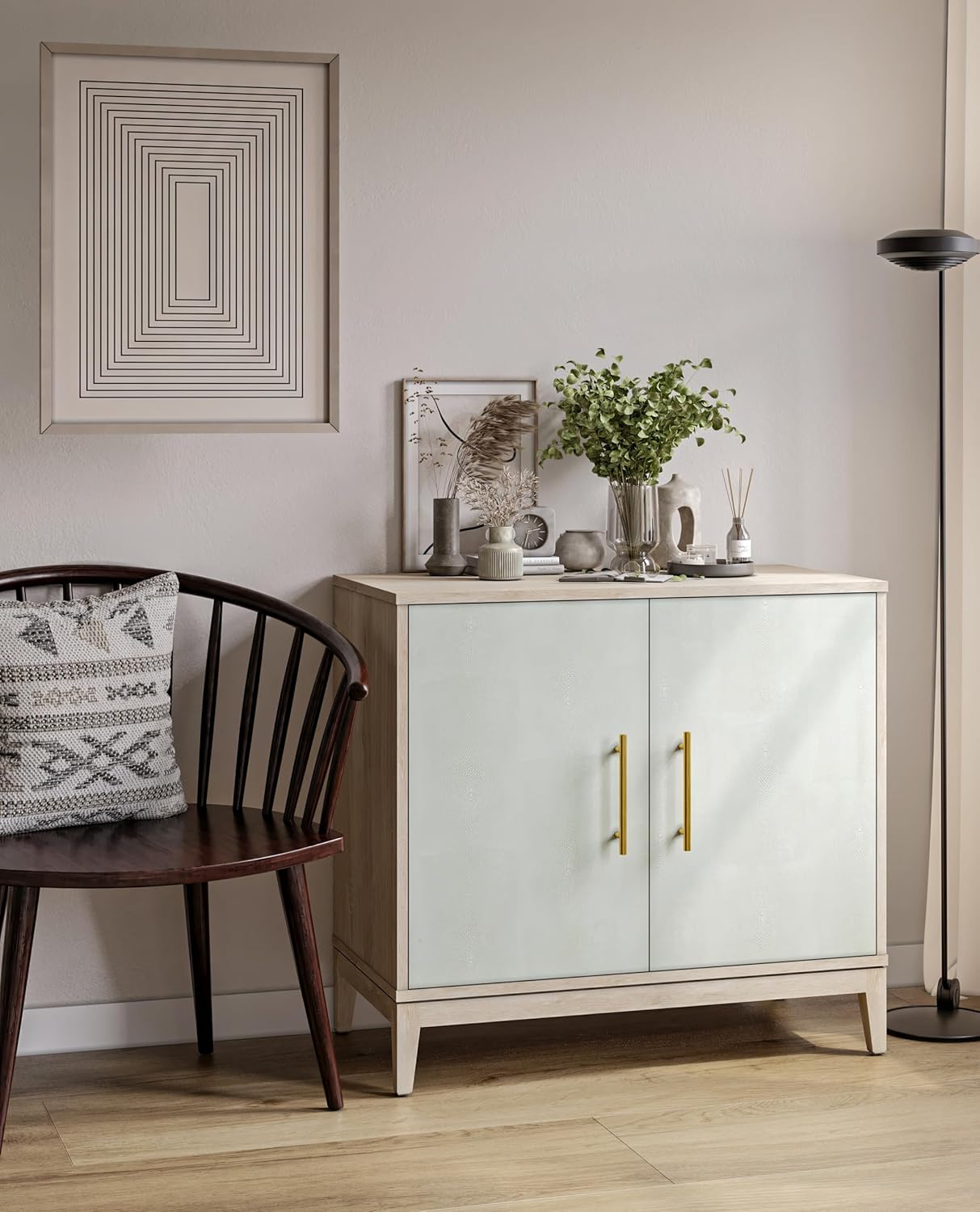 Sango Shagreen 2-Door Cabinet, Natural Finish Storage Cabinet with Faux Shagreen Texture, Brass Handle, Adjustable Shelf, Timeless Luxury Design, Versatile Furniture for Living Room or Dining Room