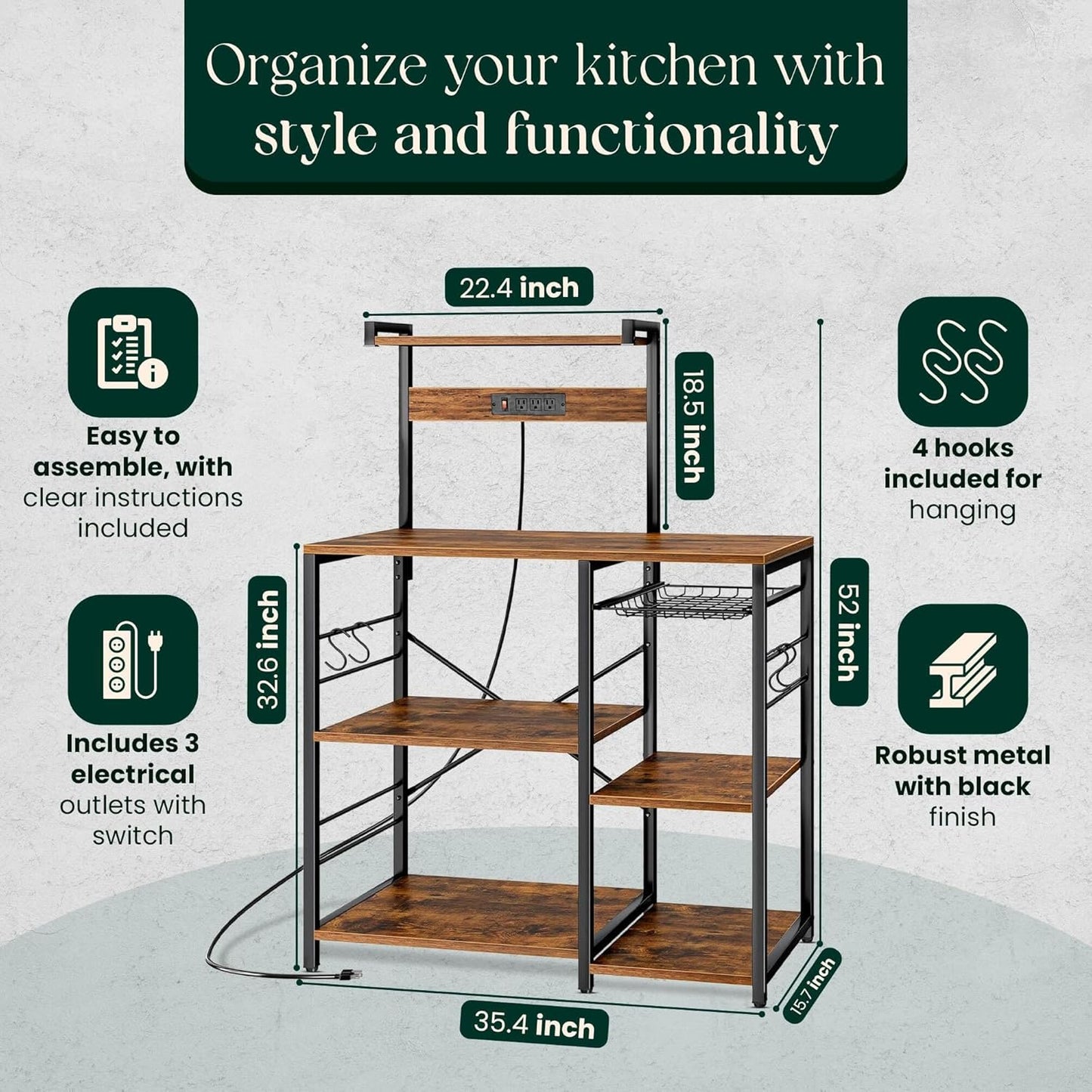 Kitchen Bakers Rack with Power Outlet & Hangers - 35.5x15.7x51.6 Kitchen Storage Rack Useful as Microwave Stand, Coffee Station and as Extra Shelves - Perfect for Organized & Stylish Kitchens