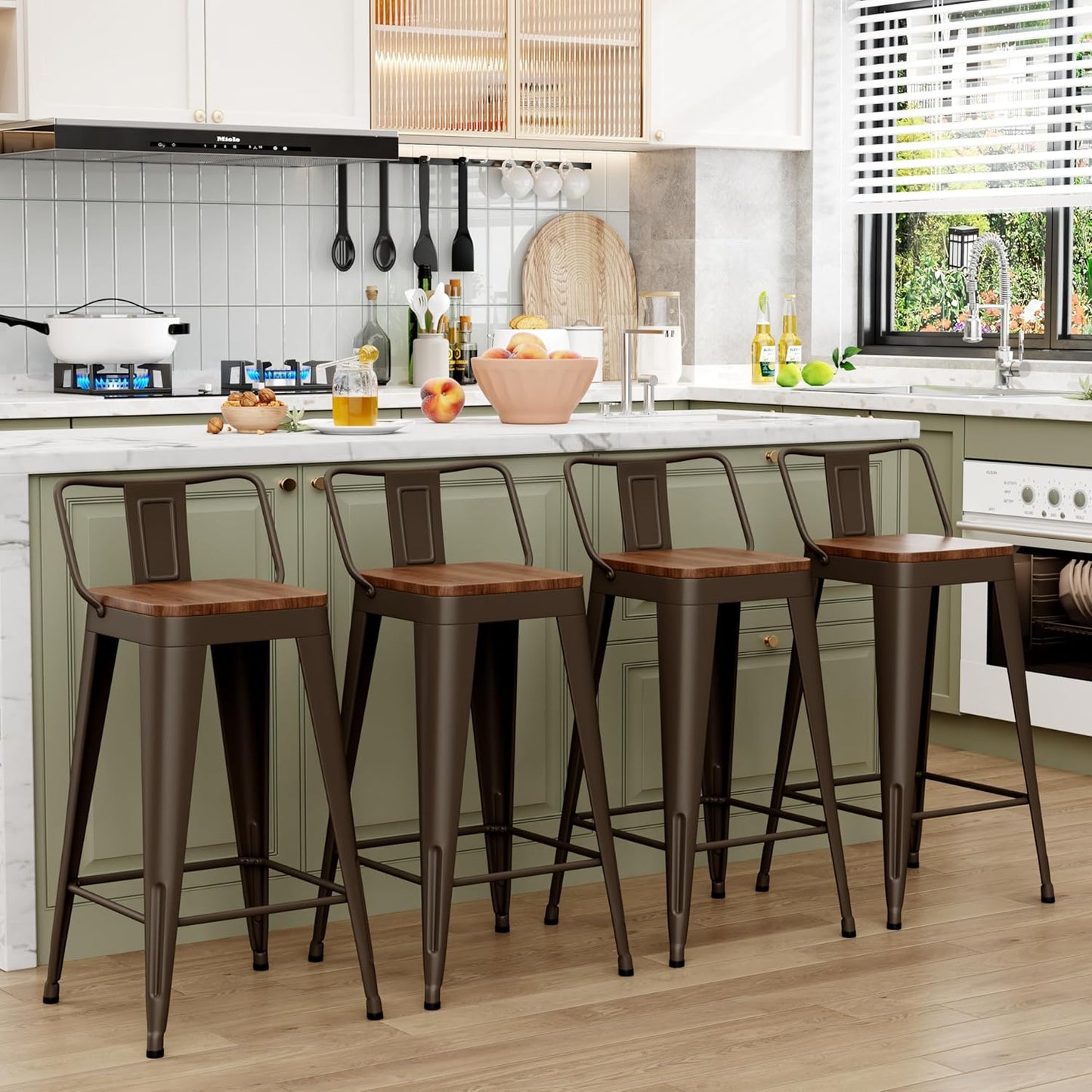 WENTMENT Industrial Rusty Bar Stools Set of 4, 24" Counter Height, Wooden Seat, Removable Back, Stackable