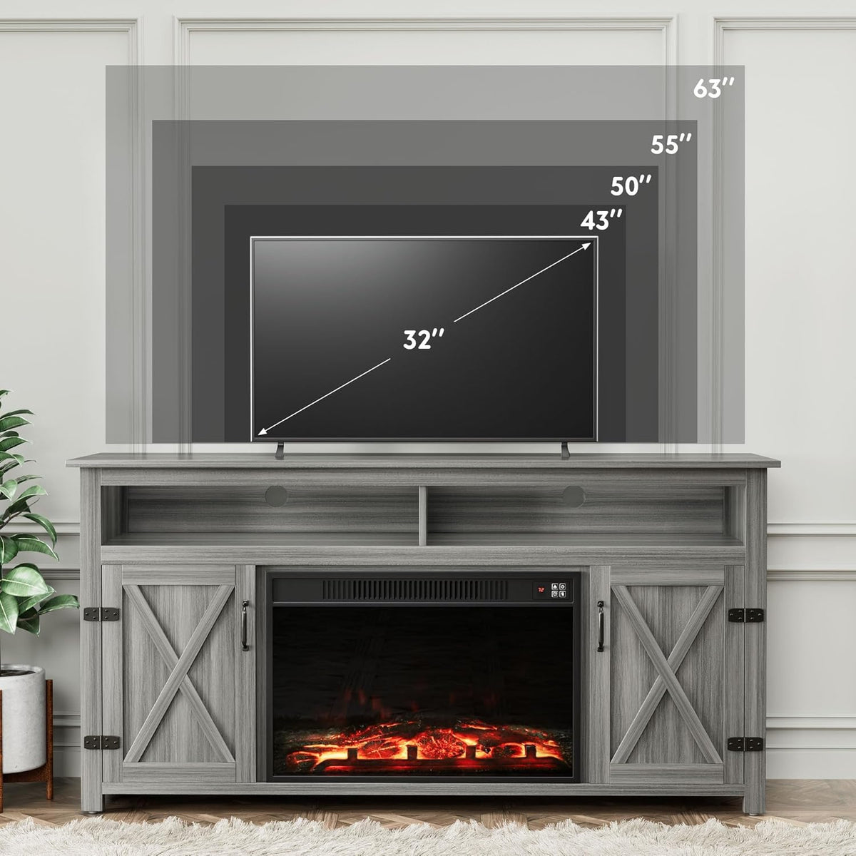 YESHOMY Fireplace TV Stand for Television up to 65+ Inch with Storage and Farmhouse Barn Doors, Entertainment Center with Cabinet and Shelves, Media Console for Living Room, Gray Wash