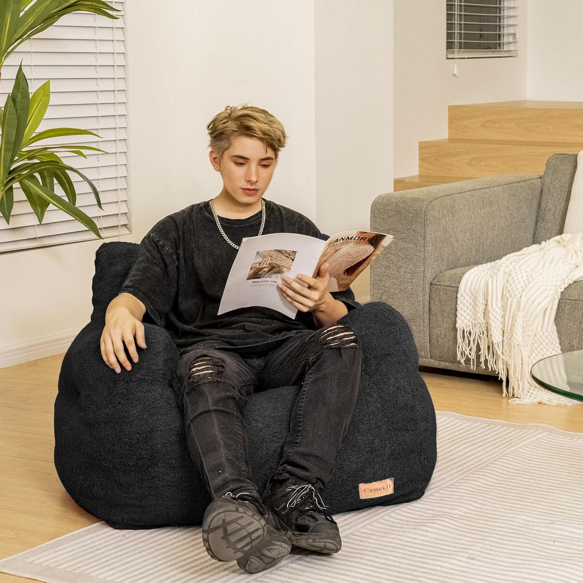 Bean Bag Chair with Filler, Bean Bag Sofa with Tufted Soft Stuffed Filling, Fluffy and Lazy Sofa, Comfy Cozy BeanBag Chairs with Memory Foam for Dorm, Apartment, Living Room (Black)