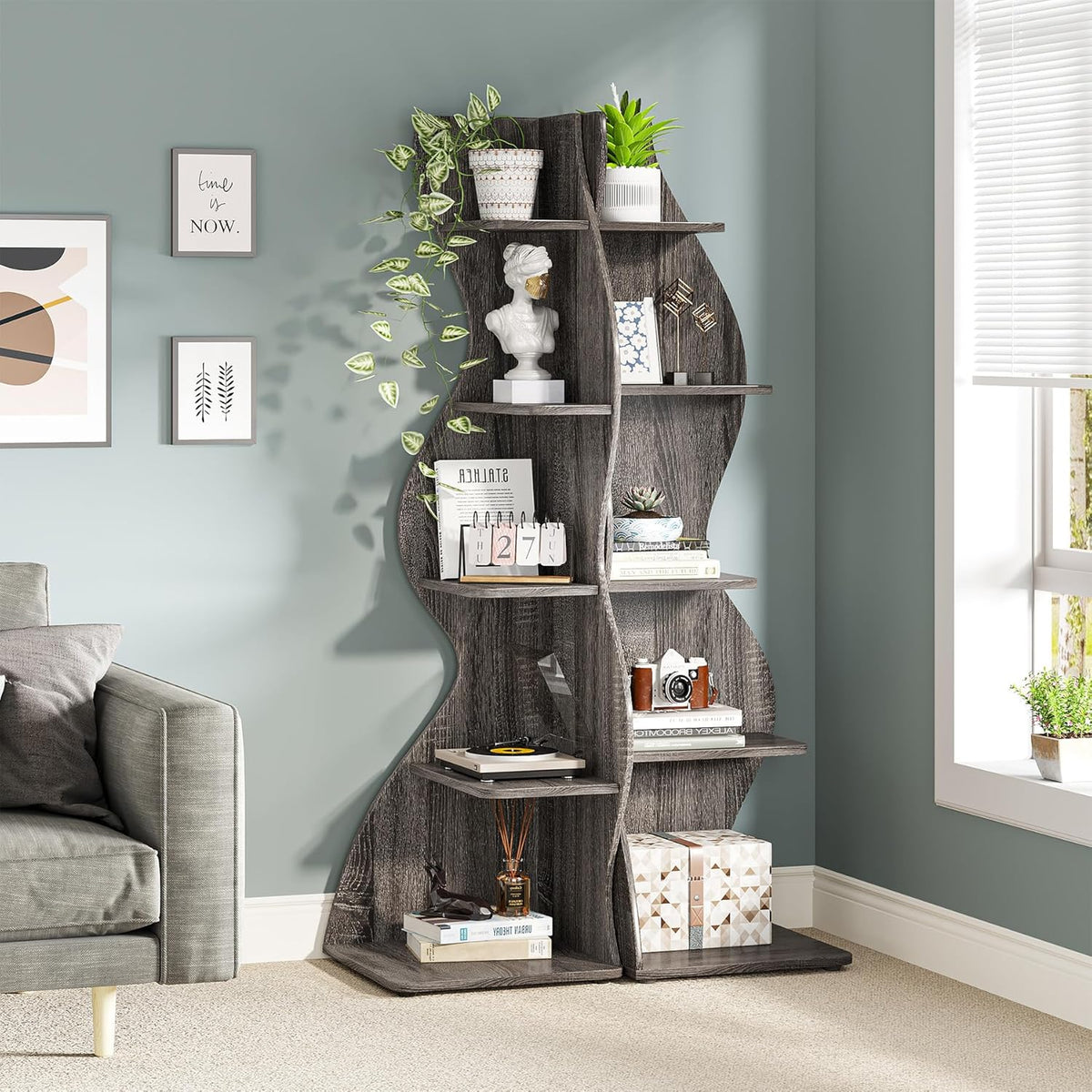 Tribesigns Corner Shelf, Modern 5-Tier Wall Corner Bookshelf, Stylish Corner Small Bookcase Storage Rack Plant Stand with Unique Shape for Living Room, Home Office, (1PC, Gray)