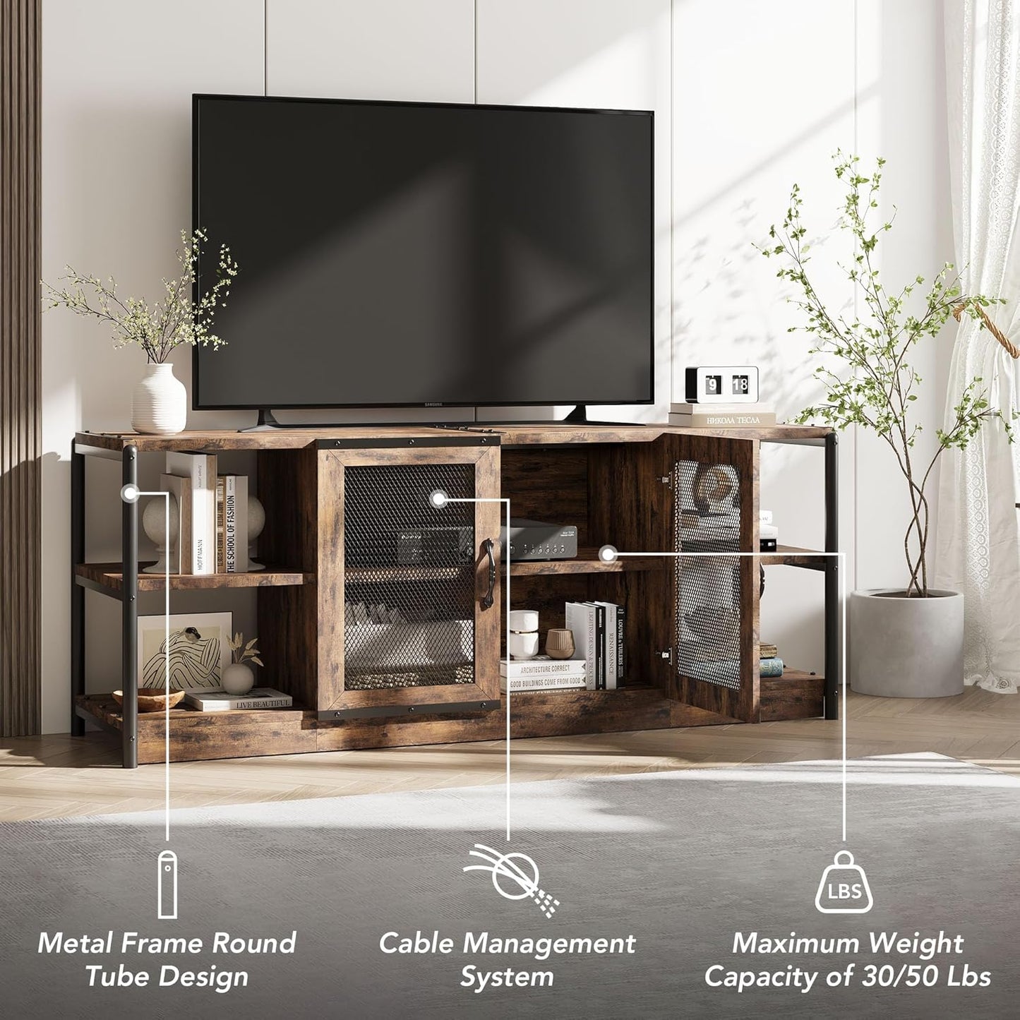 GarveeHome Farmhouse TV Stand for 65/75 inch TV, Entertainment Center with Storage Cabinet, Industrial TV Console Cabinet with Mesh Doors, 63" Rustic TV Media Console Table for Living Room, Vintage