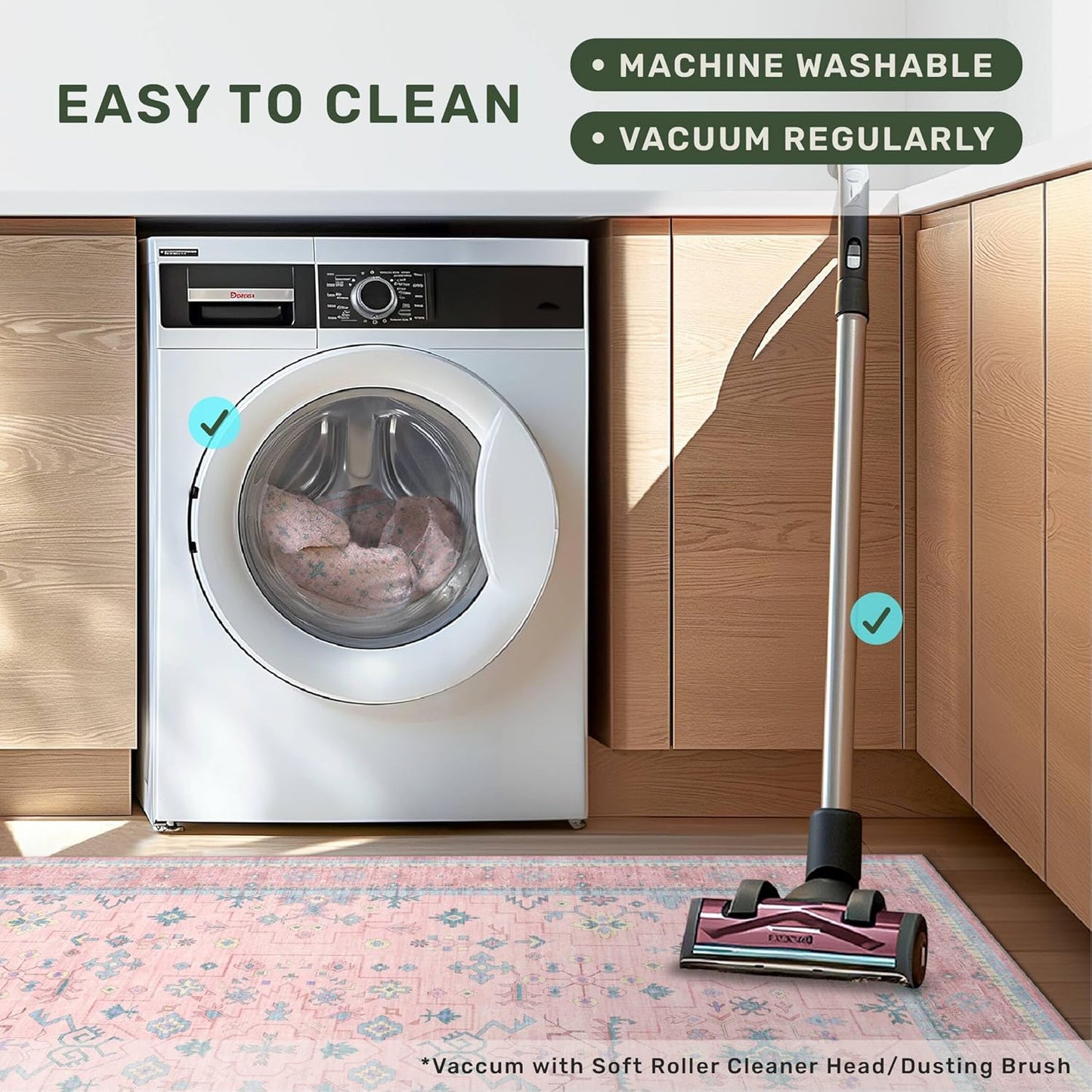 Washable Pink and Blue 7x9 Boho Rugs for Bedroom Girls, Living Room Kids Playroom Nursery Room, Modern Floral Distressed Design, Soft Low Pile Non Slip Stain Resistance Carpet