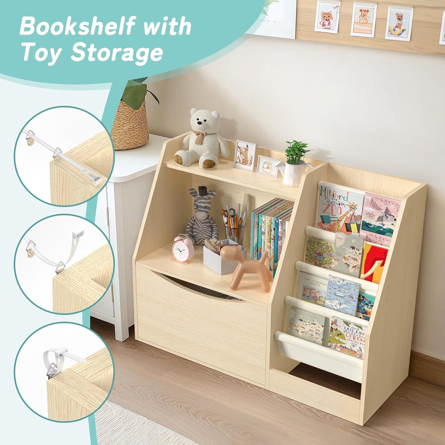 TOETOL 2 Tier Kids Bookshelf and Book Storage，4 Sling Toddler Bookshelf, Storage Boxes Book Shelf & Organizer for Nursery Playroom Classroom Library Bedroom Natural Wood