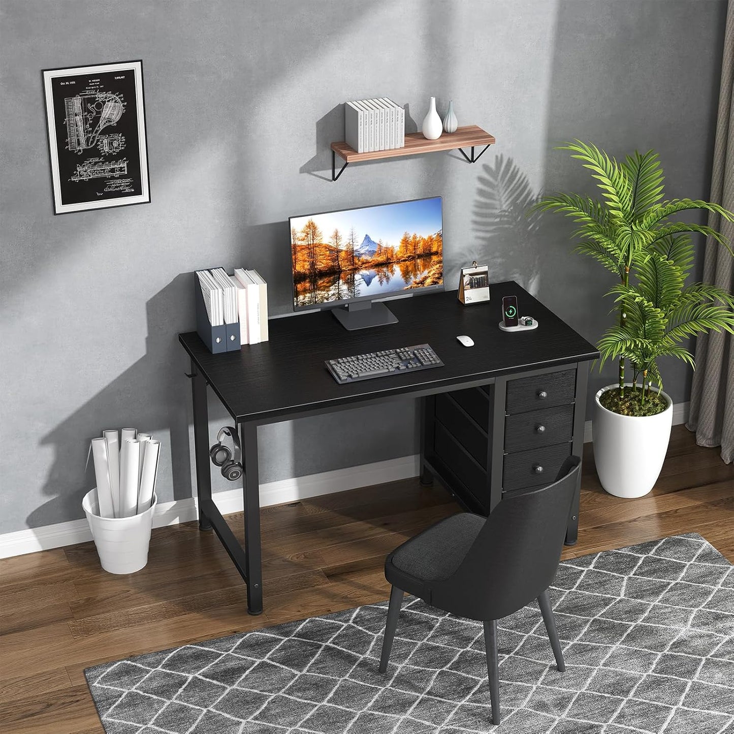 Lufeiya Small Gaming Desk with 4 Fabric Drawers, 40 Inch Kids Girls Teen Cute Study Desk for Bedroom, Reversible Work Computer Writing Table Desks for Small Space Home Office, Black