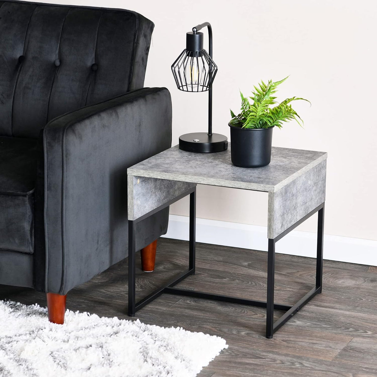 Household Essentials Wrap Square Side End Table Rustic Slate Concrete and Black Metal